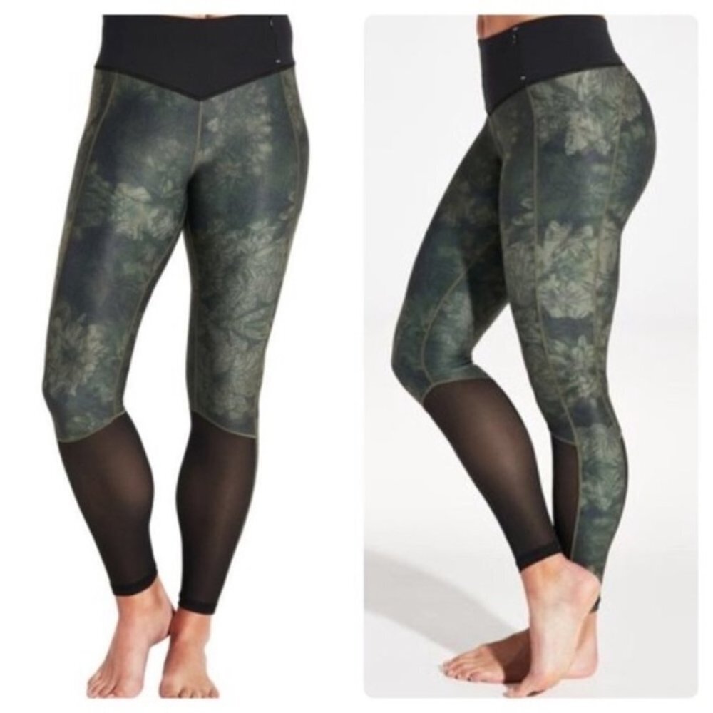 Calia Green Floral Camo Leggings Black Mesh Panel Size XS